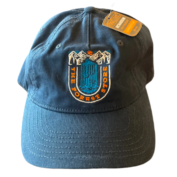 a blue The Forest Store hat with 
mountain waterfall design