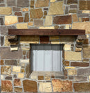 Solid walnut beam fireplace mantel with mounted on a stone fireplace wall.
