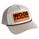 A white hat with a Wood is Wonderful Hochatown Oklahoma patch