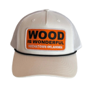 A white hat with a Wood is Wonderful Hochatown Oklahoma patch