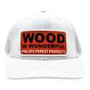 White hat with a Wood is Wonderful Phillips Forest Products patch