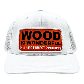 White hat with a Wood is Wonderful Phillips Forest Products patch