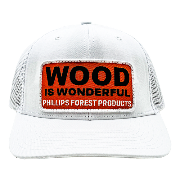 White hat with a Wood is Wonderful Phillips Forest Products patch