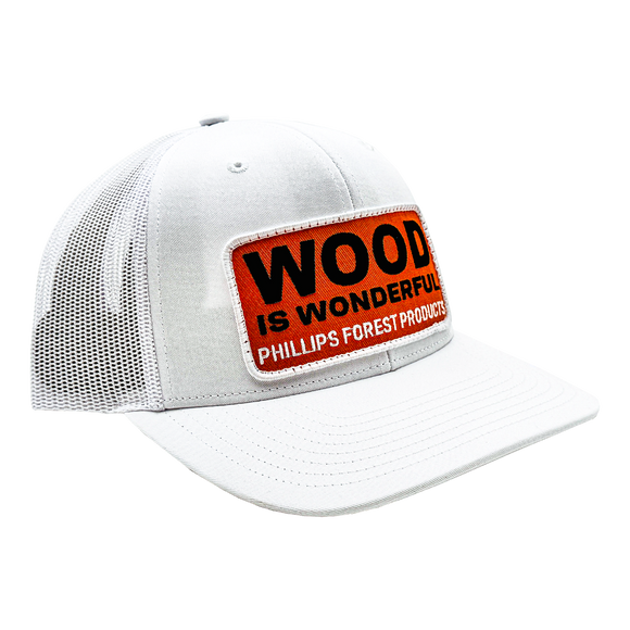 White hat with a Wood is Wonderful Phillips Forest Products patch