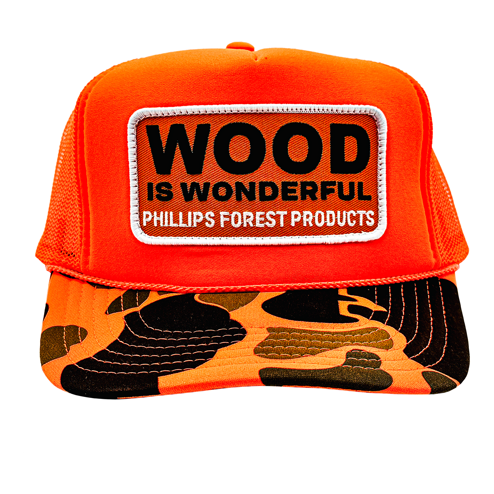 Orange cap with 'Wood is Wonderful' patch and camouflage pattern on a white background