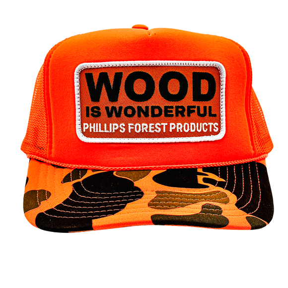 Orange cap with 'Wood is Wonderful' patch and camouflage pattern on a white background