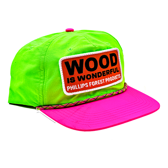 Neon green + pink Wood is Wonderful hat