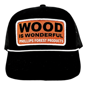 Black cap with an orange "Wood is Wonderful" Phillips Forest Products patch.