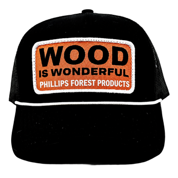 Black cap with an orange "Wood is Wonderful" Phillips Forest Products patch.