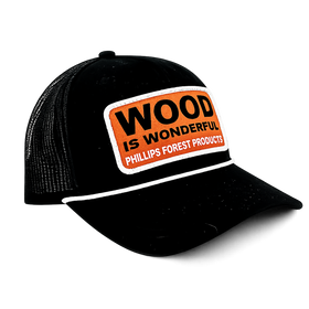 Black cap with an orange "Wood is Wonderful" Phillips Forest Products patch.