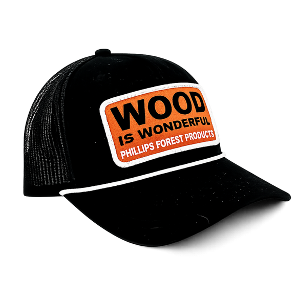 Black cap with an orange "Wood is Wonderful" Phillips Forest Products patch.