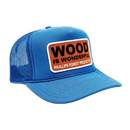 Blue trucker hat with 'Wood is Wonderful' Phillips Forest Products patch.