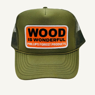 olive green Otto trucker patch hat with phillips forest product 'wood is wonderful' slogan 