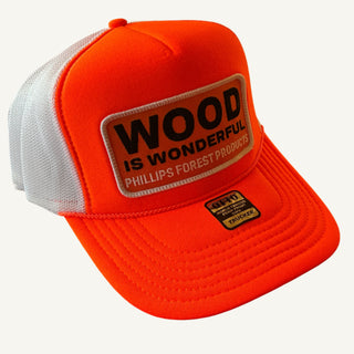 Wood Is Wonderful orange and white Otto Trucker Hat
