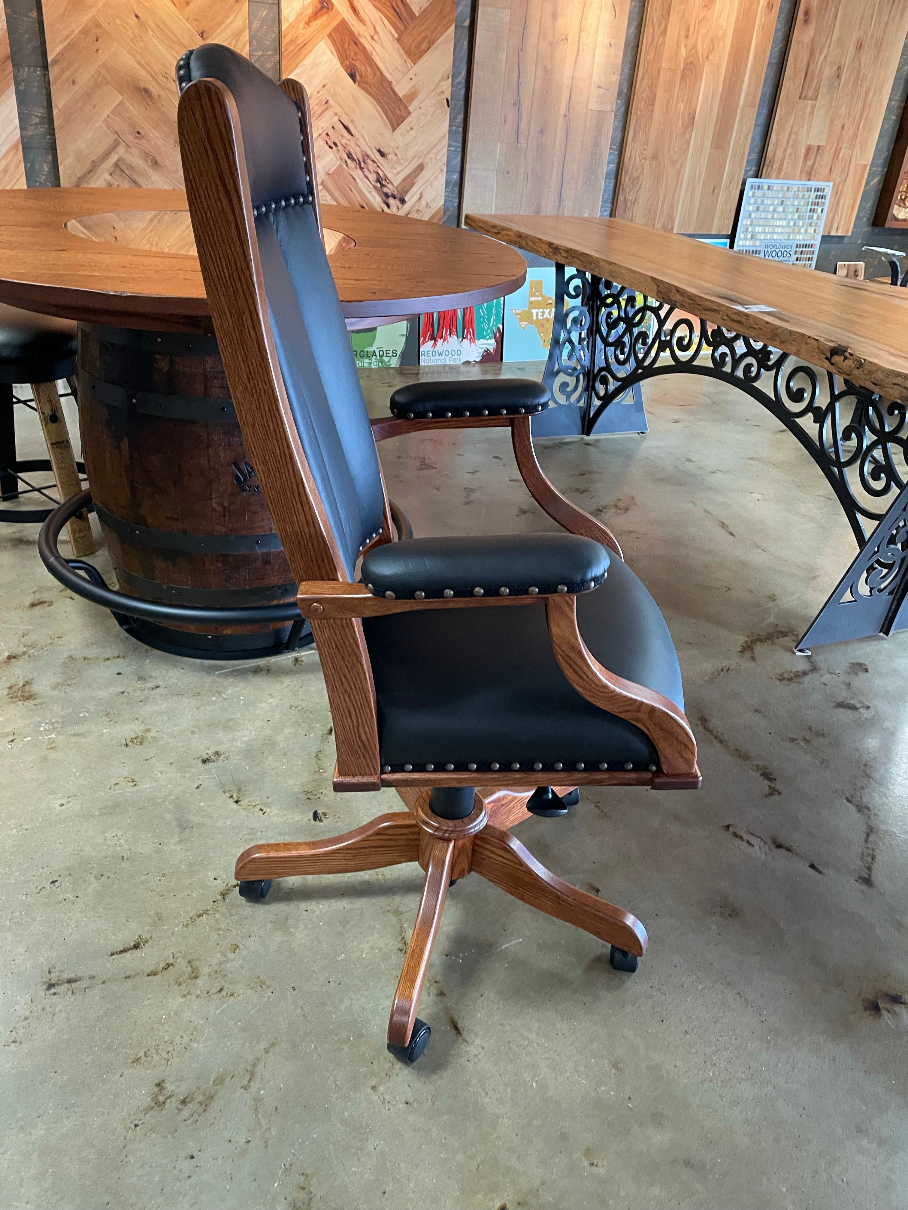 OAK ROLLING CHAIR WITH BLACK LEATHER - 0