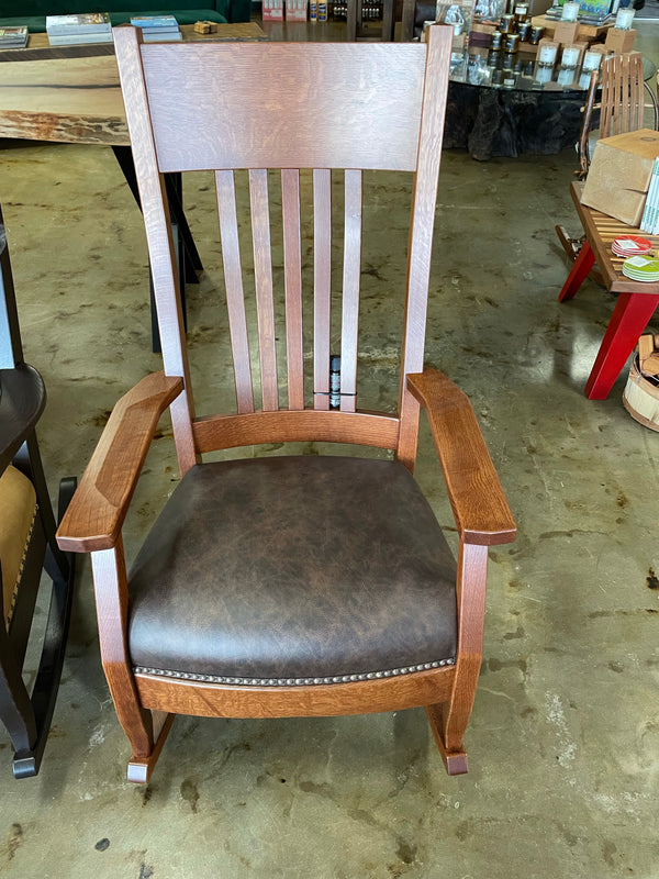 Quartersawn White Oak & Dark Leather Rocking Chair