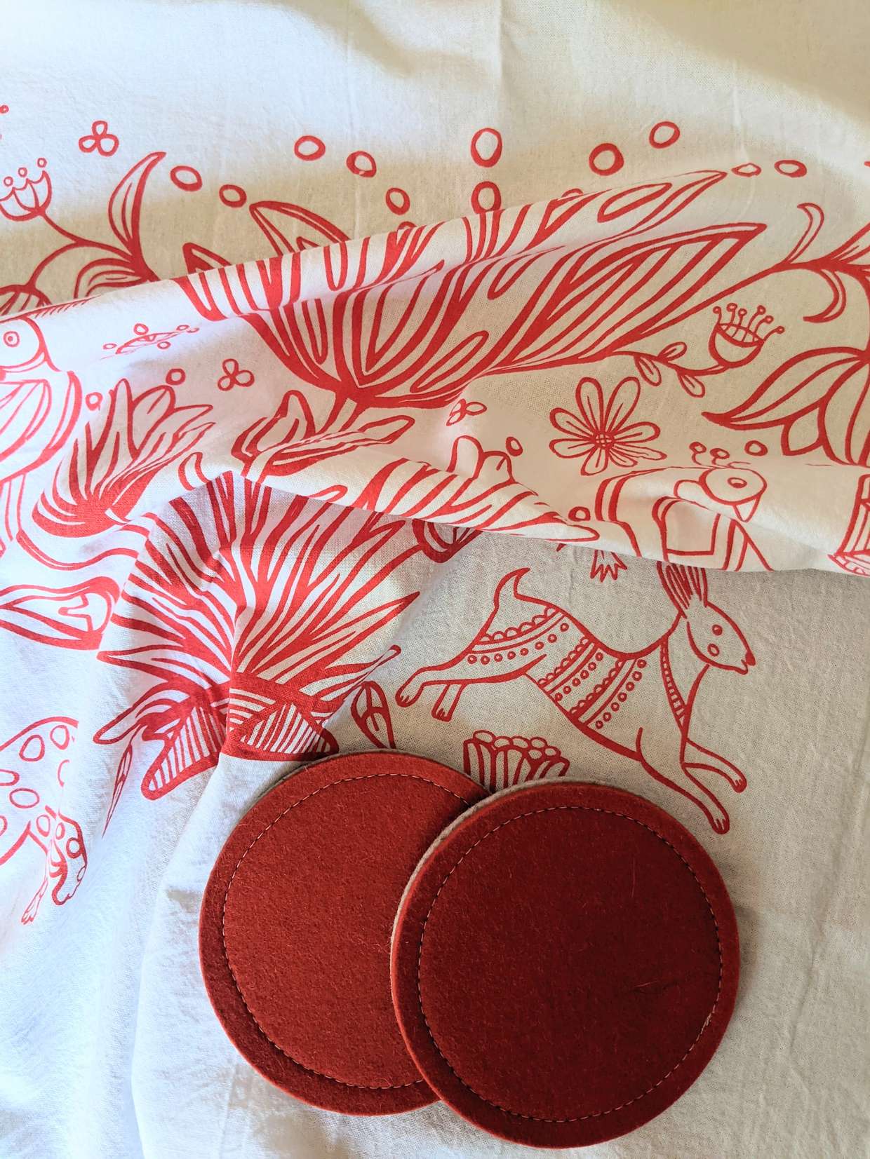 Foxly Handmade Wool Coaster- Red- Set of 4